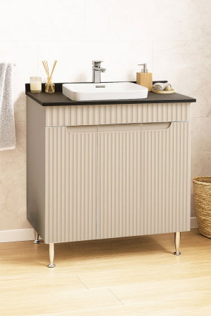 Produs în România - Set Baza front MDF si Lavoar seria 633, montat, 80 cm, crem