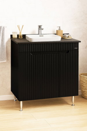 Produs în România - Set Baza front MDF si Lavoar seria 633, montat, 80 cm, negru
