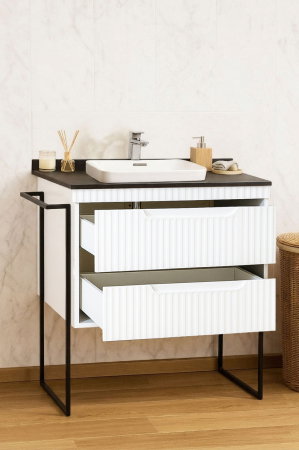 Baza cu Lavoar - Set Baza front MDF si Lavoar seria 633, cu sertare, cadru metalic, montata, 80 cm, alb rustic