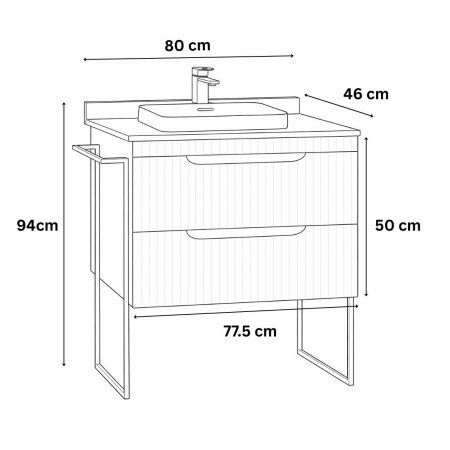 Baza cu Lavoar - Set Baza front MDF si Lavoar seria 633, cu sertare, cadru metalic, montat, 80 cm, crem