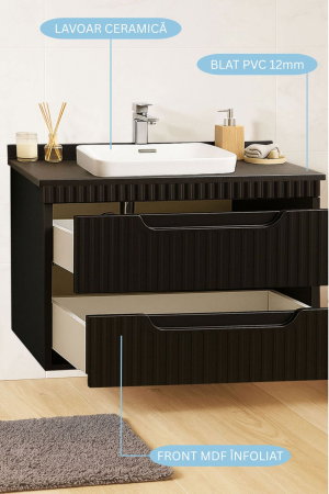 Baza cu Lavoar - Set Baza front MDF si Lavoar seria 633, cu sertare, cadru metalic, montat, 80 cm, negru