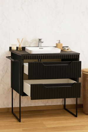 Baza cu Lavoar - Set Baza front MDF si Lavoar seria 633, cu sertare, cadru metalic, montat, 80 cm, negru