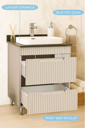 Baza cu Lavoar - Set Baza front MDF si Lavoar seria 633, cu sertare, montata, 60 cm, crem
