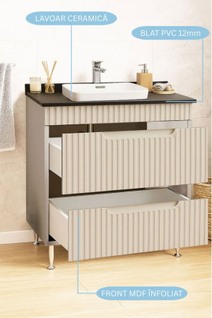Produs în România - Set Baza front MDF si Lavoar seria 633, cu sertare, montat, 80 cm, crem