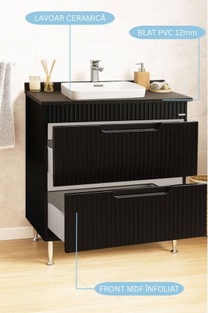 Produs în România - Set Baza front MDF si Lavoar seria 633, cu sertare, montat, 80 cm, negru