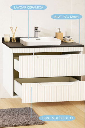 Produs în România - Set Baza front MDF si Lavoar seria 633, suspendata, cu sertare, montat, 80 cm, alb rustic