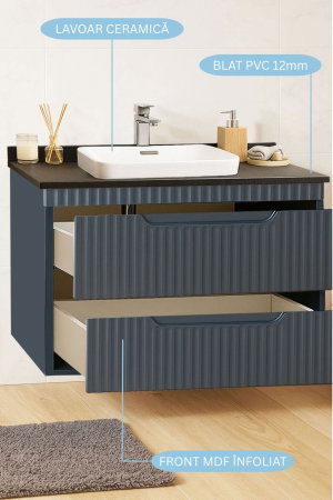 Produs în România - Set Baza front MDF si Lavoar seria 633, suspendata, cu sertare, montat, 80 cm, antracit