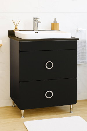 Produs în România - Set Baza front MDF si Lavoar seria 680, cu sertare, montat, 60 cm, negru