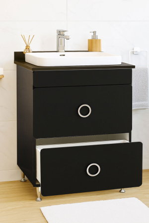Produs în România - Set Baza front MDF si Lavoar seria 680, cu sertare, montat, 60 cm, negru