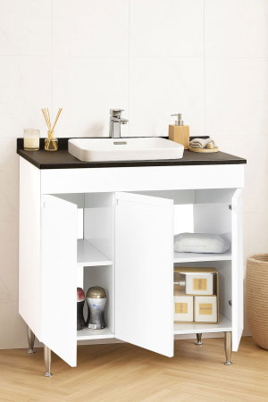 Produs în România - Set Baza front MDF si Lavoar seria 686, montat, 80 cm, alb