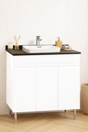 Produs în România - Set Baza front MDF si Lavoar seria 686, montat, 80 cm, alb