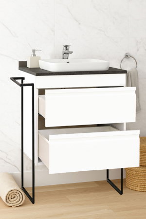 Produs în România - Set Baza front MDF si Lavoar seria 686, cu sertare, cadru metalic, montat, 60 cm, alb