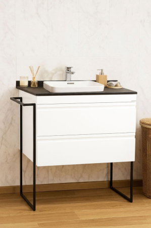 Baza cu Lavoar - Set Baza front MDF si Lavoar seria 633, cu sertare, cadru metalic, montat, 80 cm, alb rustic