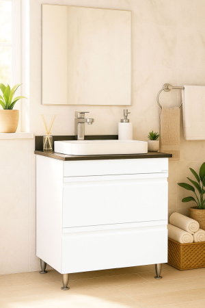 Produs în România - Set Baza front MDF si Lavoar seria 686, cu sertare, montat, 60 cm, alb