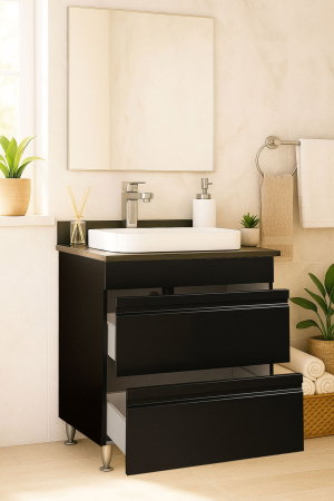 Produs în România - Set Baza front MDF si Lavoar seria 686, cu sertare, montat, 60 cm, negru