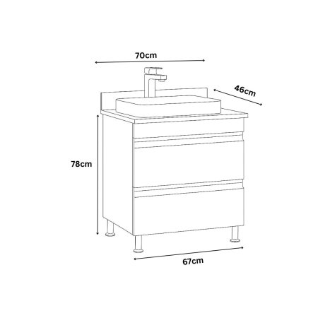 Baza cu Lavoar - Set Baza front MDF si Lavoar seria 686, cu sertare, montat, 70 cm, negru