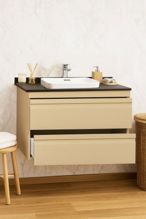 Produs în România - Set Baza front MDF si Lavoar seria 686, suspendata, cu sertare, montat, 80 cm, cappuccino