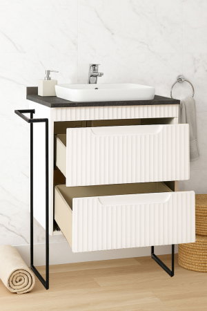 Mobilier Baie - Set Baza front MDF si Lavoar seria 633, cu sertare, cadru metalic, montat, 60 cm, alb rustic