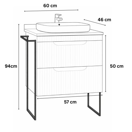 Mobilier Baie - Set Baza front MDF si Lavoar seria 633, cu sertare, cadru metalic, montat, 60 cm, alb rustic