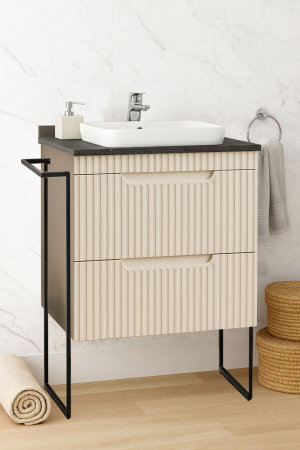 Mobilier Baie - Set Baza front MDF si Lavoar seria 633, cu sertare, cadru metalic, montat, 60 cm, crem