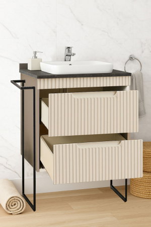 Mobilier Baie - Set Baza front MDF si Lavoar seria 633, cu sertare, cadru metalic, montat, 60 cm, crem