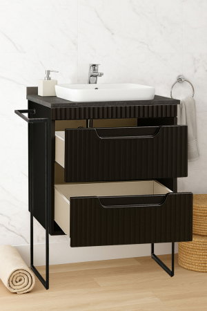 Mobilier Baie - Set Baza front MDF si Lavoar seria 633, cu sertare, cadru metalic, montat, 60 cm, negru
