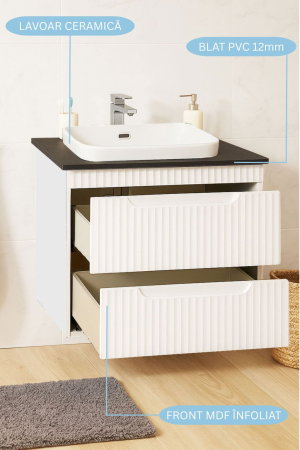 Produs în România - Set Baza front MDF si Lavoar seria 633, suspendata, cu sertare, montat, 60 cm, alb rustic