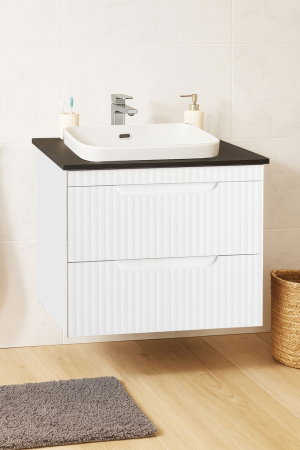 Produs în România - Set Baza front MDF si Lavoar seria 633, suspendata, cu sertare, montat, 60 cm, alb rustic