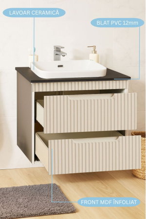Produs în România - Set Baza front MDF si Lavoar seria 633, suspendata, cu sertare, montat, 60 cm, crem