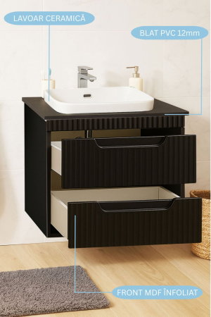 Produs în România - Set Baza front MDF si Lavoar seria 633, suspendata, cu sertare, montat, 60 cm, negru