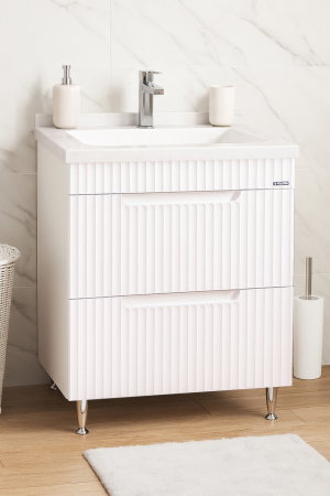 Mobilier Baie - Set Baza front MDF si Lavoar seria 833, cu sertare, 60 cm, alb rustic