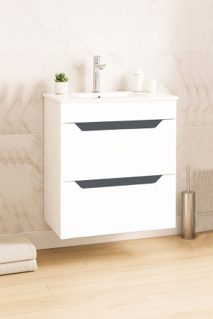 Baza cu Lavoar - Set Baza front MDF si Lavoar seria 056, cu sertare, cadru metalic, 50 cm, alb + antracit