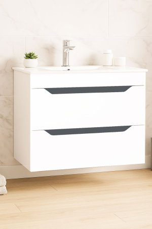 Mobilier Baie - Set Baza front MDF si Lavoar seria 056, cu sertare, cadru metalic, 80 cm, alb + antracit