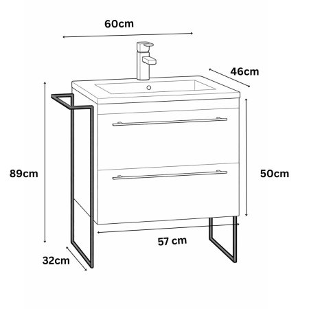 Baza cu Lavoar - Set Baza front MDF si Lavoar seria 066, cadru metalic, cu sertare, 60 cm, alb