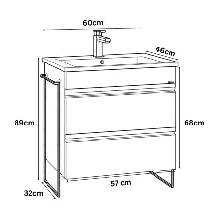 Baza cu Lavoar - Set Baza front MDF si Lavoar seria 086, cadru metalic, cu sertare, 60 cm, alb