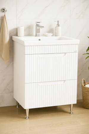 Baza cu Lavoar - Set Baza front MDF si Lavoar seria 733, cu sertare, 60 cm, alb rustic