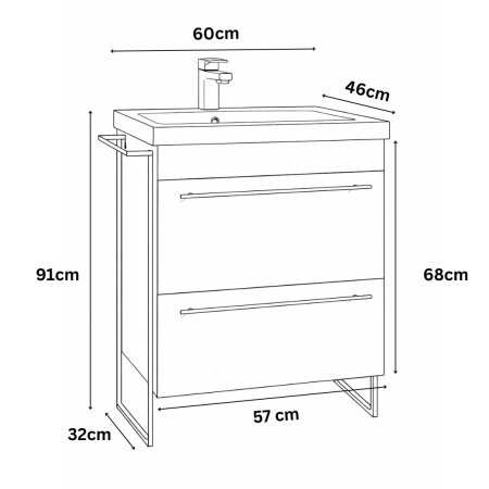 Baza cu Lavoar - Set Baza front MDF si Lavoar seria 754, cadru metalic, cu sertare, 60 cm, alb
