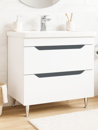 Mobilier Baie - Set Baza front MDF si Lavoar seria 756, cu sertare, 80 cm, alb + antracit