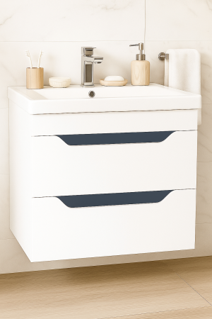 Produs în România - Set Baza front MDF si Lavoar seria 756, suspendata, cu sertare, 70 cm, alb + antracit