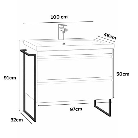 Baza cu Lavoar - Set Baza front MDF si Lavoar seria 786, cadru metalic, cu sertare, 100 cm, alb