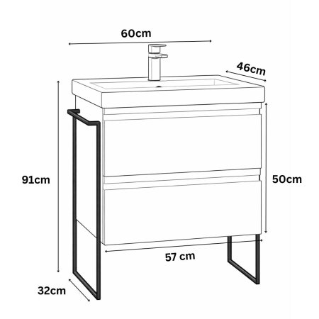 Baza cu Lavoar - Set Baza front MDF si Lavoar seria 786, cadru metalic, cu sertare, 60 cm, alb