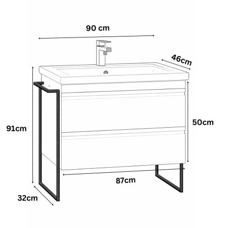 Baza cu Lavoar - Set Baza front MDF si Lavoar seria 786, cadru metalic, cu sertare, 90 cm, alb