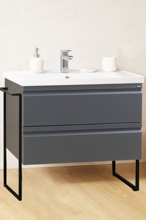 Baza cu Lavoar - Set Baza front MDF si Lavoar seria 786, cadru metalic, cu sertare, 90 cm, antracit