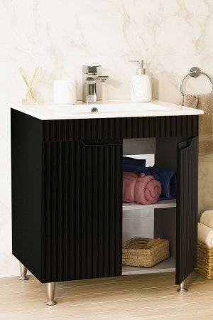 Produs în România - Set Baza front MDF si Lavoar seria 033, montat, 70 cm, negru