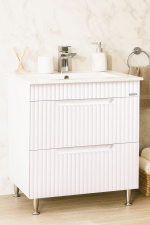 Baza cu Lavoar - Set Baza front MDF si Lavoar seria 033, cu sertare, montat, 70 cm, alb rustic