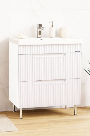 Mobilier Baie - Set Baza front MDF si Lavoar seria 733, cu sertare, montat, 70 cm, alb rustic