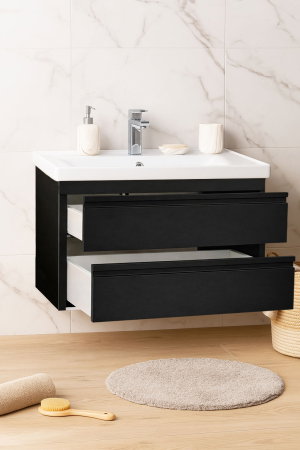 Baza cu Lavoar - Set Baza front MDF si Lavoar seria 786, suspendata, cu sertare, montat, 80 cm, negru