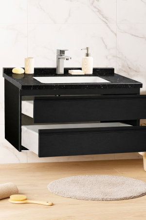 Mobilier Baie - Set Baza front MDF si Lavoar seria 886, suspendata, cu sertare, montat, 100 cm, negru