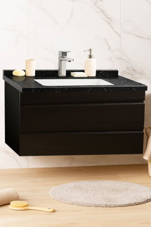 Mobilier Baie - Set Baza front MDF si Lavoar seria 886, suspendata, cu sertare, montat, 100 cm, negru