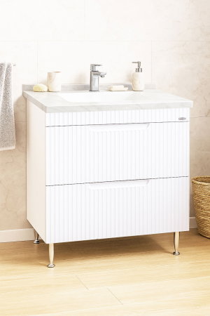 Mobilier Baie - Set Baza front MDF si Lavoar seria 833, cu sertare, montat, 80 cm, alb rustic